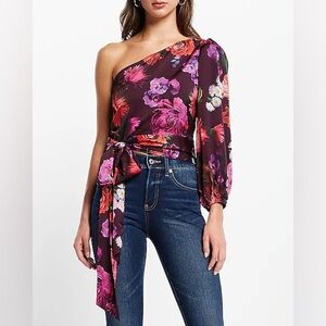 Express Floral One Shoulder Blouse Small Pink Purple Moody Botanical Dramatic